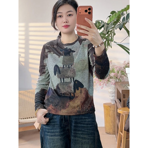 秋季新款趣味小羊印花圆领长袖显瘦百搭打底T恤女上衣9081