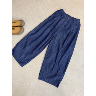 早春复古文艺风松紧腰宽松休闲阔腿休闲直筒九分裤 0745