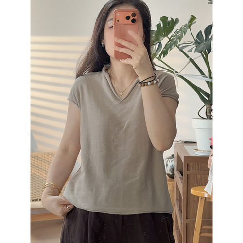 夏季韩版百搭宽松V领显瘦卷边短袖T恤女装898
