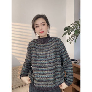 复古文艺条纹毛衣女秋冬宽松显瘦半高领套头针织衫 上衣2803