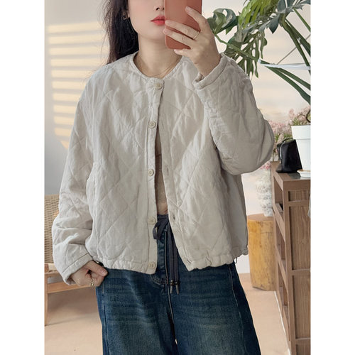 秋冬亚麻复古百搭显瘦宽松保暖时尚轻薄棉服外套9058