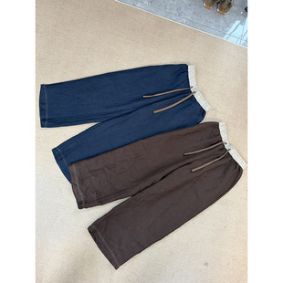 649 100%汉麻日系复古撞色抽绳松紧腰休闲九分裤 爆款 高货