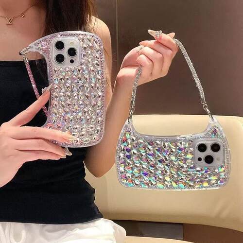 手工小弯包水钻石款iPhone11-17满钻手机壳15pro适用苹果16Promax
