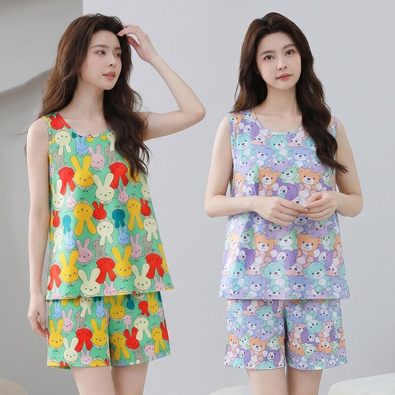 夏季女士薄款背心短裤棉绸睡衣套睡衣/家居服套装