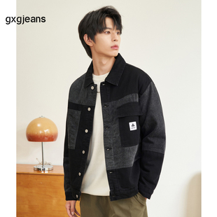 灰色工装 新款 拼接翻领牛仔夹克外套男 2024年冬季 gxgjeans男装
