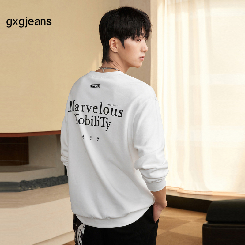 gxgjeans男装 2024年秋季新款宽松白色字母印花套头圆领卫衣男