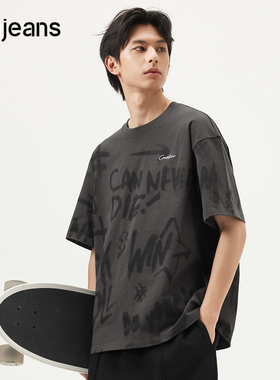 gxg.jeans男装  深灰色涂鸦字母满印时尚圆领短袖T恤男 25夏新品