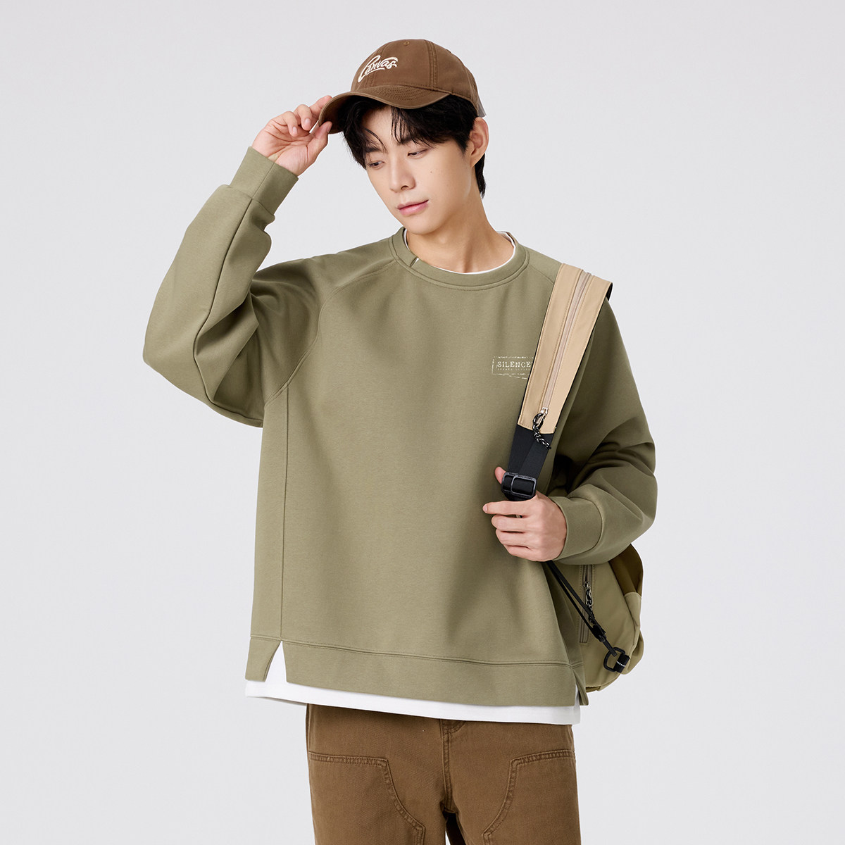 gxgjeans男装撞色拼接假两件圆领卫衣2025秋款宽松校园打底衫*