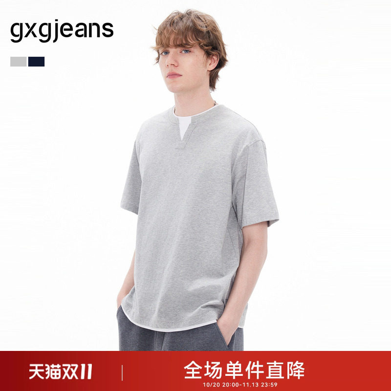 gxgjeans男装  假两件拼接纯棉简约休闲短袖T恤男生上衣 26夏新品