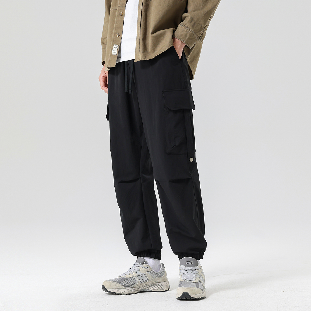gxgjeans男装夏纯色宽松休闲裤抽绳系带束脚裤户外运动工装裤*