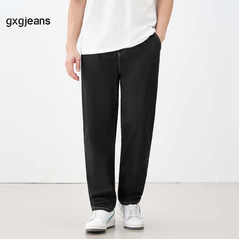 gxgjeans男装 黑色水洗牛仔裤2024年秋季新款明线休闲直筒长裤子