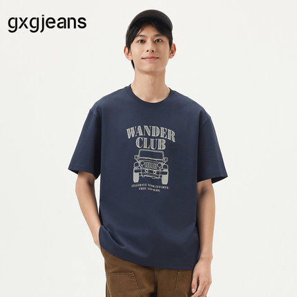 gxg.jeans男装  藏青色潮流图案时尚宽松圆领短袖T恤男25年夏新品