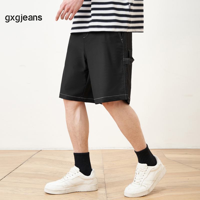 gxgjeans男装休闲短裤2024年夏季新款黑色明线工装直筒五分裤子潮