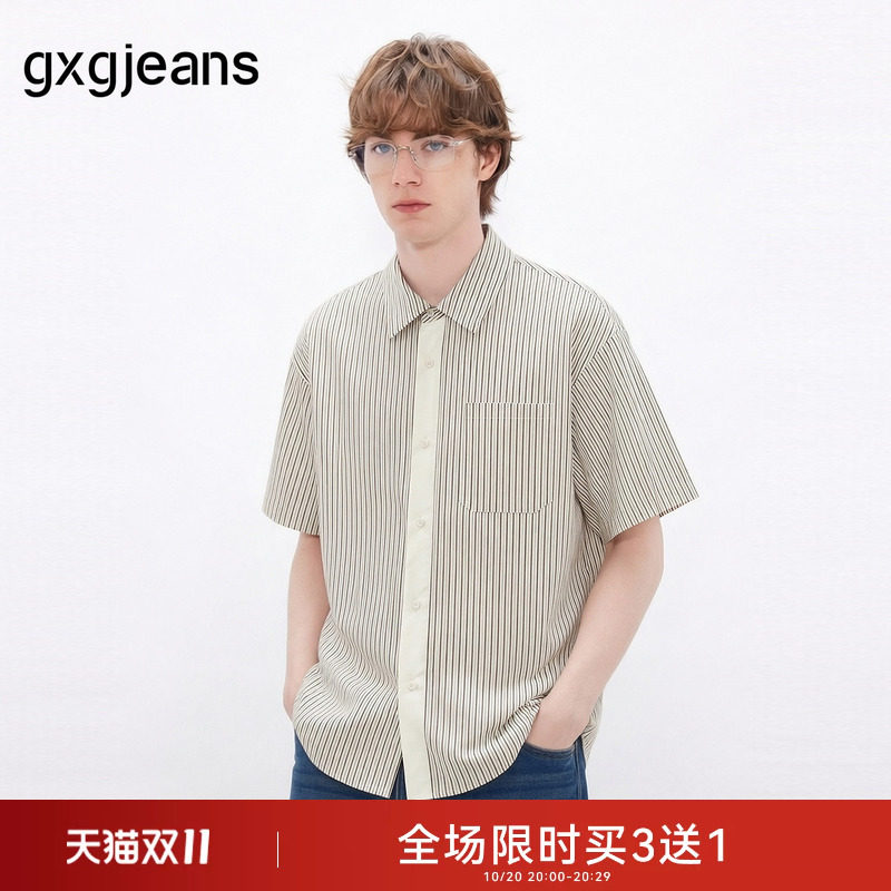 gxgjeans男装  简约通勤拼接门襟条纹纯棉短袖衬衫男生 26夏新品