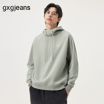 gxg.jeans男装 灰绿色趣味印花宽松时尚连帽卫衣套头衫男25冬新品