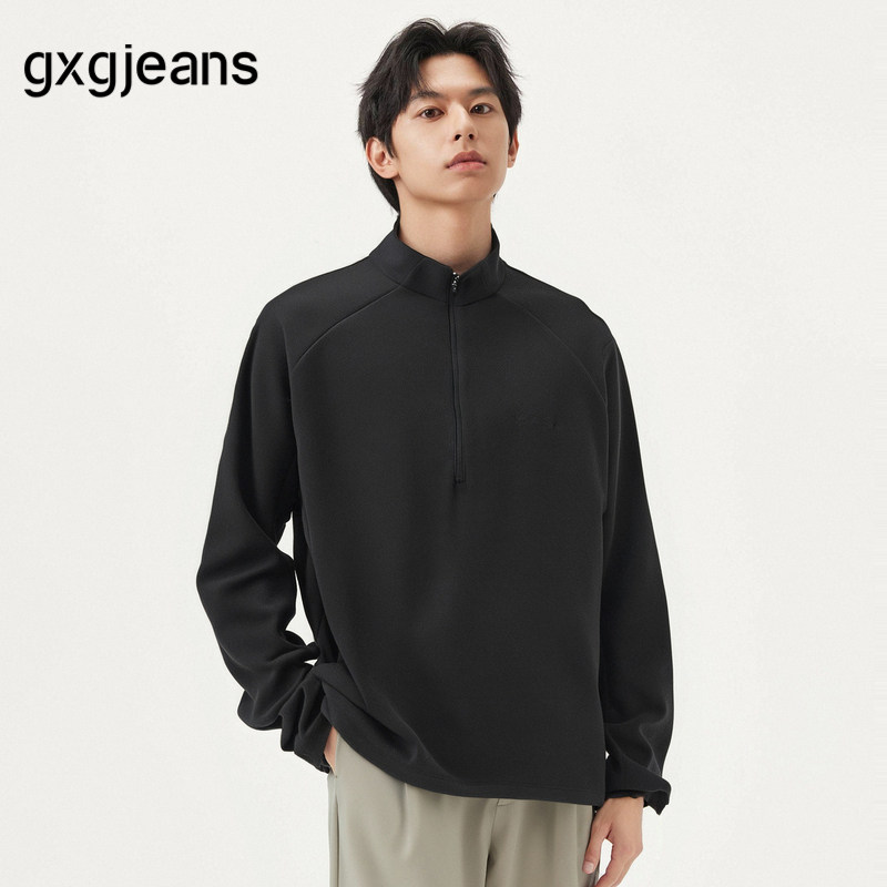 gxg.jeans男装 黑色胸前绣花简约立领半开襟长袖T恤男 25年春新品图片