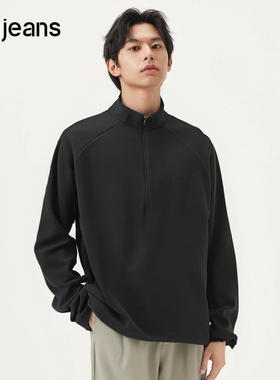 gxg.jeans男装 黑色胸前绣花简约立领半开襟长袖T恤男 25年春新品