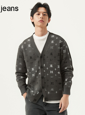 gxg.jeans男装 绿色满身老花时尚开襟毛衣针织衫男 25年春新品