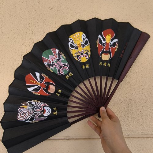 中国新款扇子10寸折扇京剧C扇36脸5脸百脸谱黑绢黄绢底