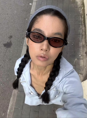 MELIYA韩版复古小框椭圆形猫眼太阳镜女紫色高级感防晒墨镜凹造型