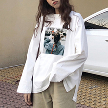韩版 早秋ins潮 宽松学生中长款 白色t恤打底衫 纯棉长袖 女上衣初秋款