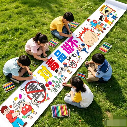 6.26禁毒日宣传长画卷儿童中小学生珍爱生命远离毒品线稿涂鸦画布