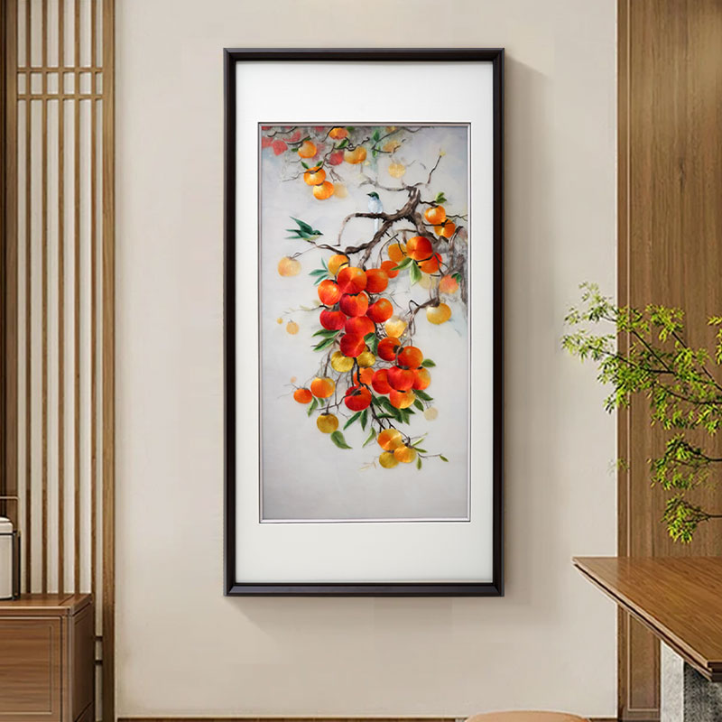 苏绣挂画新中式事事如意柿子纯手工刺绣画玄关过道走廊客厅装饰画图片