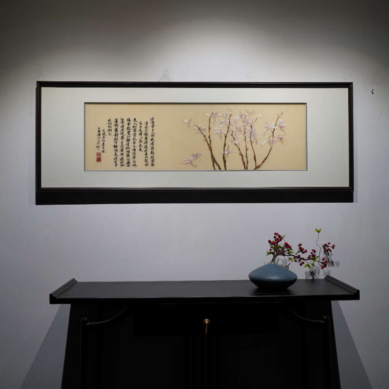 新中式风格大师作品纯手工苏绣刺绣画建兰图沙发背景墙客厅装饰画图片