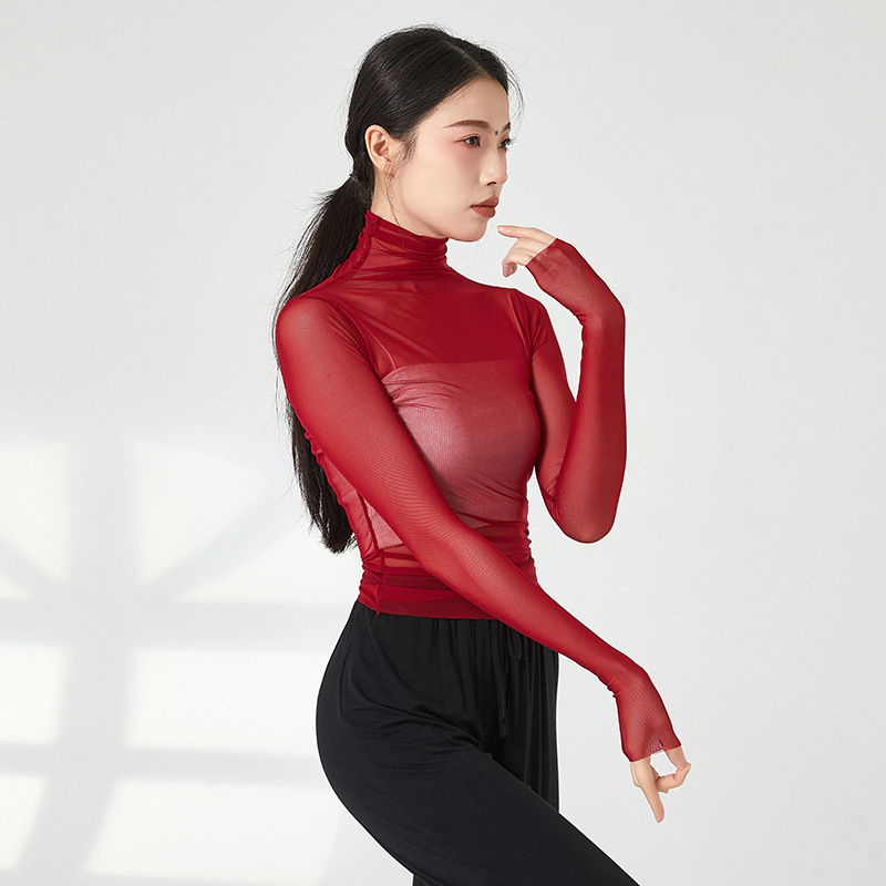 舞蹈练功服芭蕾网纱性感堆堆高领
