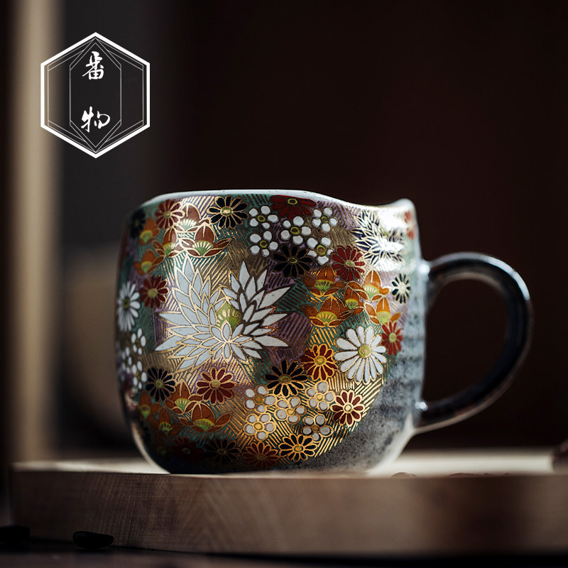 日本进口九谷烧金色花海马克杯咖啡杯手作陶瓷情侣茶杯子对杯日式