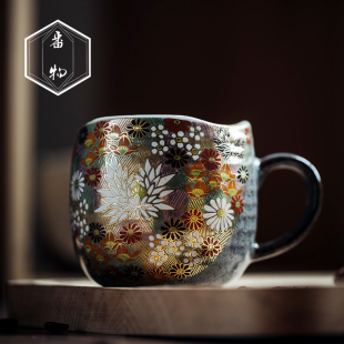 日本进口九谷烧金色花海马克杯咖啡杯手作陶瓷情侣茶杯子对杯日式