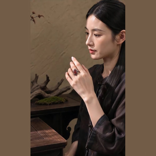 复古S925银血珀长款手工女戒