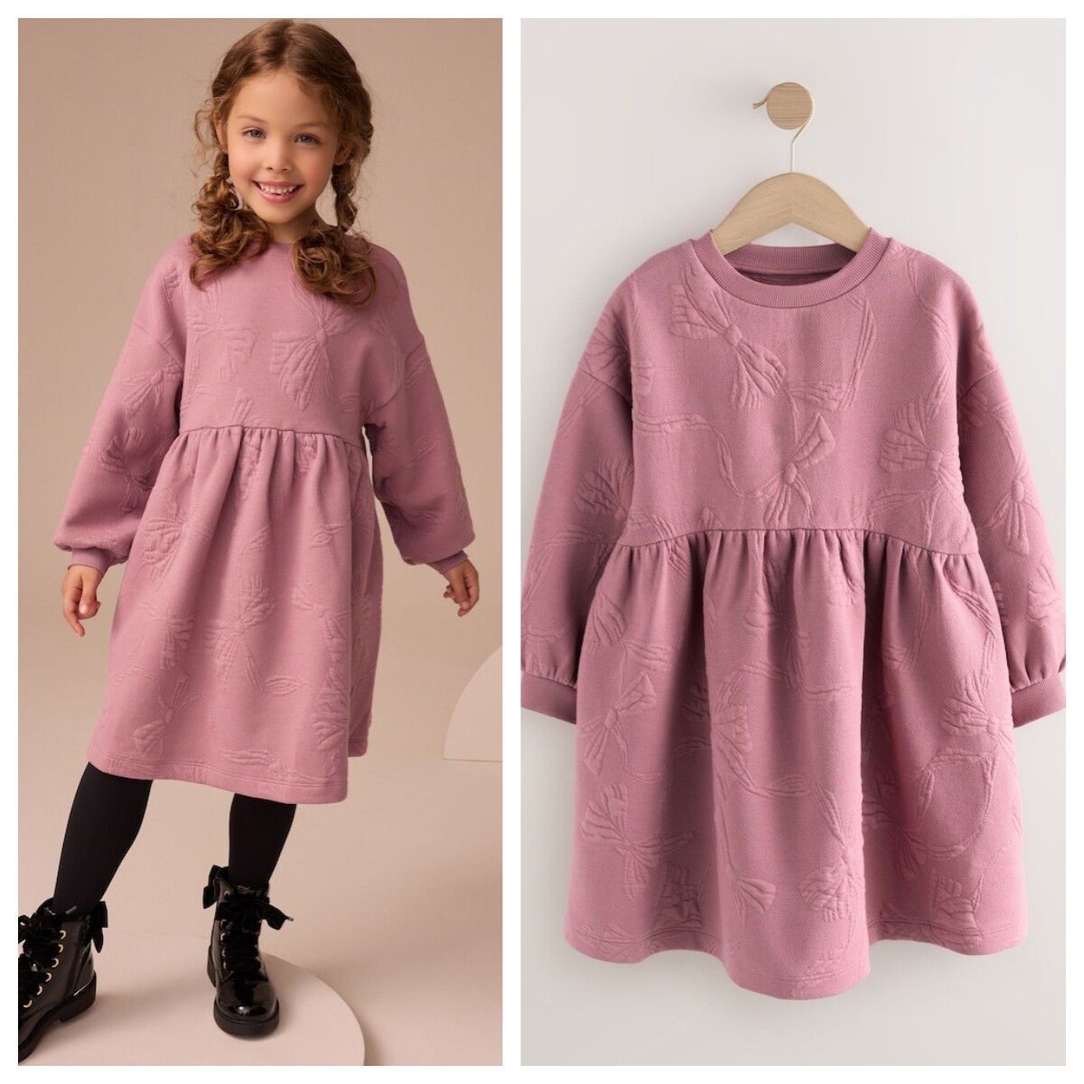 英国NEXT亲子装 25秋新女童大女孩暗粉红色蝴蝶结印花卫衣连衣裙