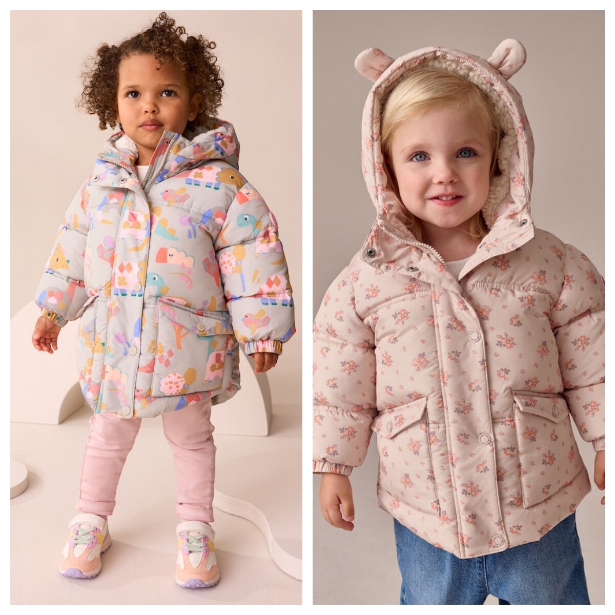 英国NEXT童装 25冬新女童女宝宝恐龙卡通印花夹棉拉链连帽外套