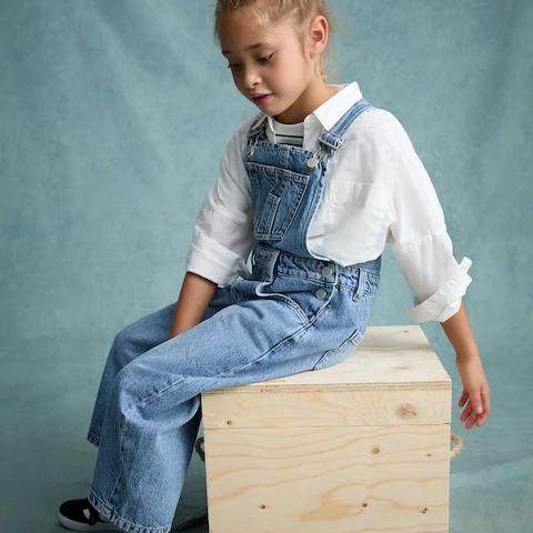 英国NEXT亲子装25春新女童大女孩蓝色复古简约牛仔工装背带裤长裤