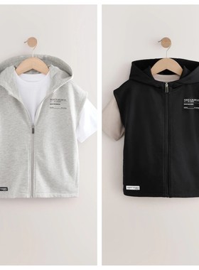 英国NEXT亲子装 25春男童大男孩纯白色T恤+拉链连帽背心马甲外套