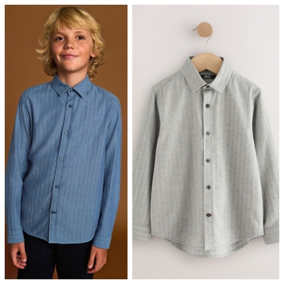 next蓝色V字纹印花翻领长袖衬衫