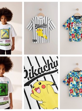 英国NEXT童装 25夏新男童大男孩度白色Minecraft亮片卡通短袖T恤