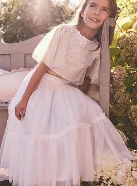 英国NEXT亲子装 25夏新女童大女孩白色花卉蝴蝶袖上衣+飘逸半身裙