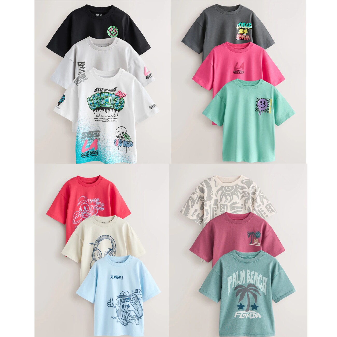英国NEXT亲子装 26夏新男童大男孩赛车骷髅涂鸦短袖圆领T恤上衣组