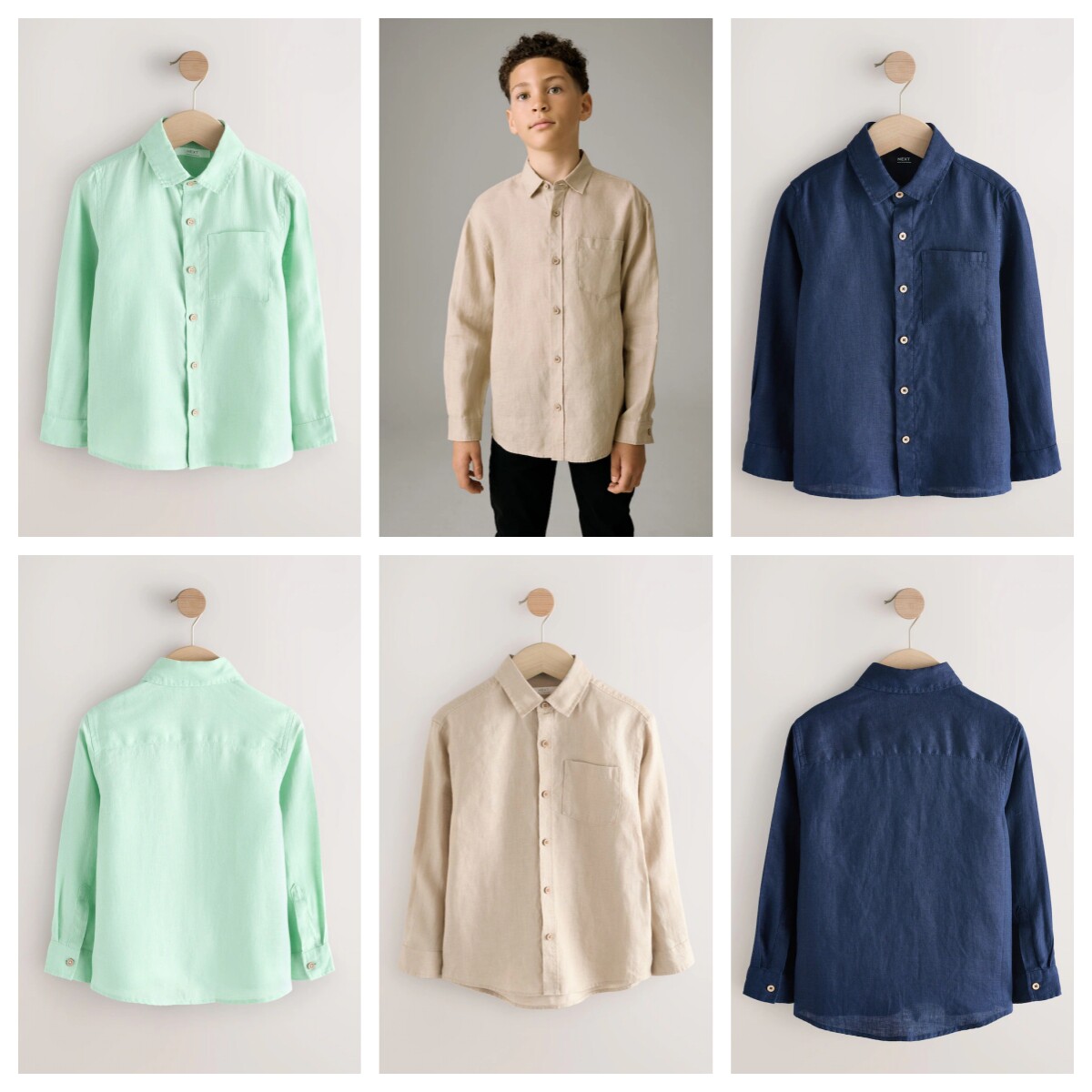 英国next亲子装 26春新男童大男孩纯色亚麻材质翻领长袖衬衫上衣