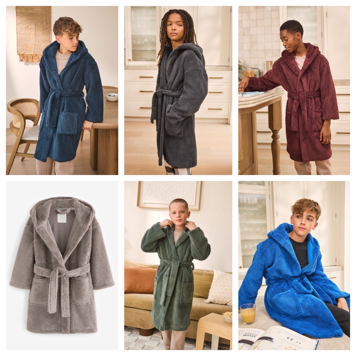英国NEXT亲子装 25冬新男童大男孩纯色简约基础款绑绳保暖浴袍
