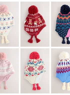 英国NEXT童装 25冬新女童女宝宝费尔岛印花毛球装饰遮耳飞行帽