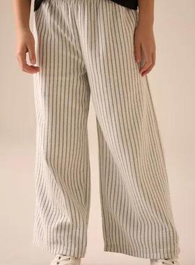 英国NEXT亲子装 25春女童大女孩乳白色条纹橡筋腰阔腿休闲裤 长裤