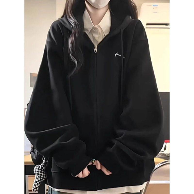 美式覆古黑色厚棉T外套女春秋2025新款oversize松弛感慵懒秋季开