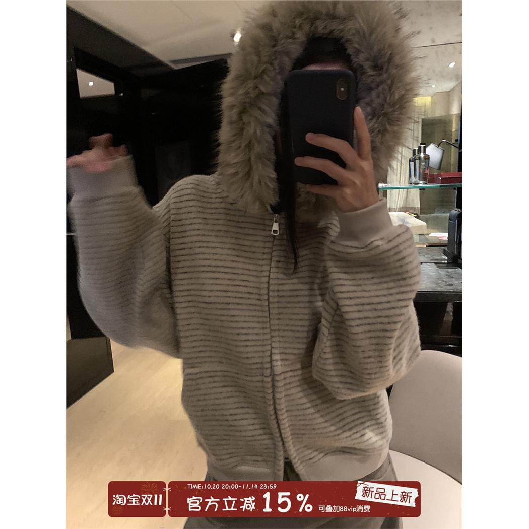 馨帮帮自制美式覆古条纹加绒卫衣厚毛领双拉炼连帽短外套开衫女,个性定制/设计服务/DIY,棉服工装,淘宝优惠券,粉丝福利购,淘宝优惠卷