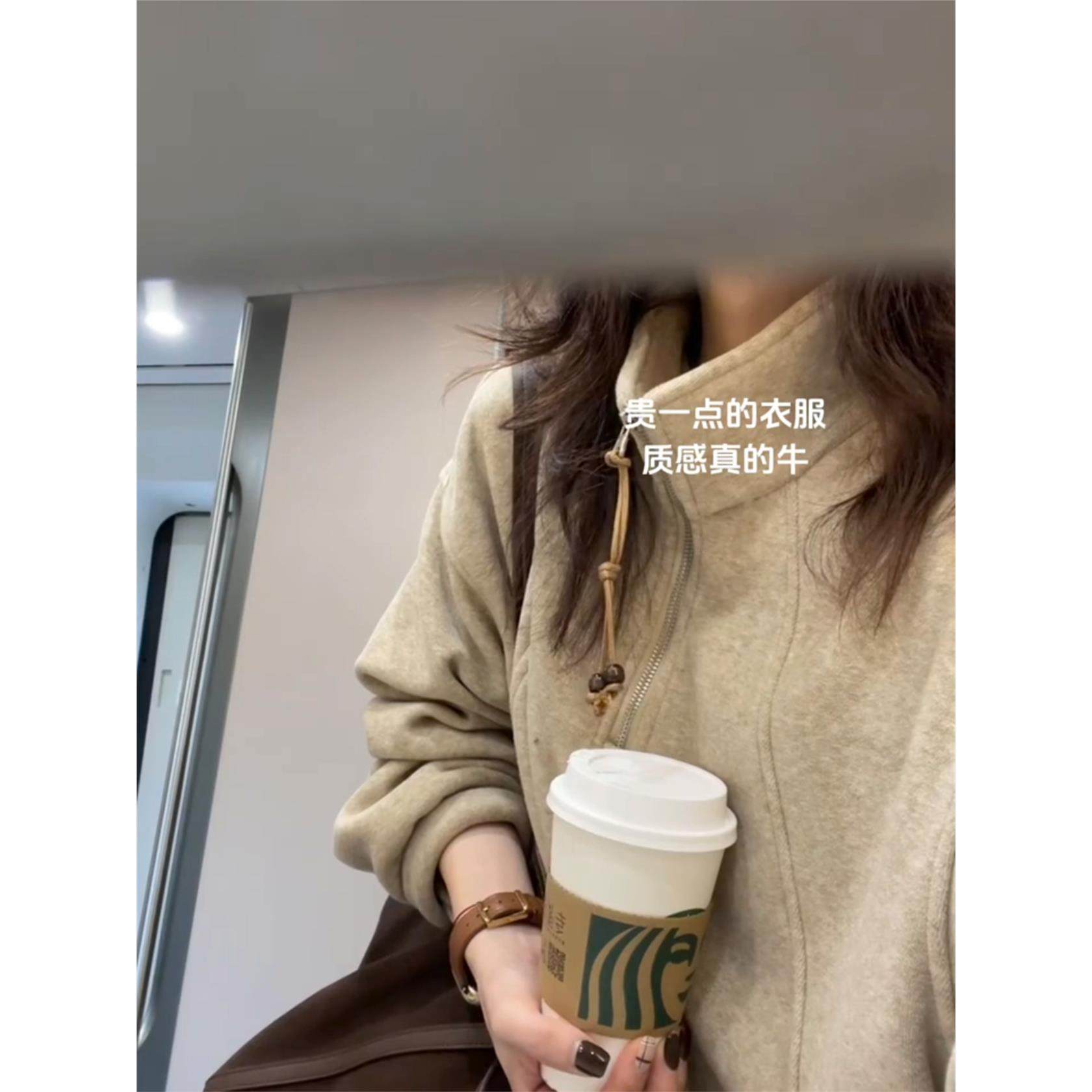 半拉链立领卫衣女秋冬加绒加厚美式复古高级感慵懒风无帽上衣宽松