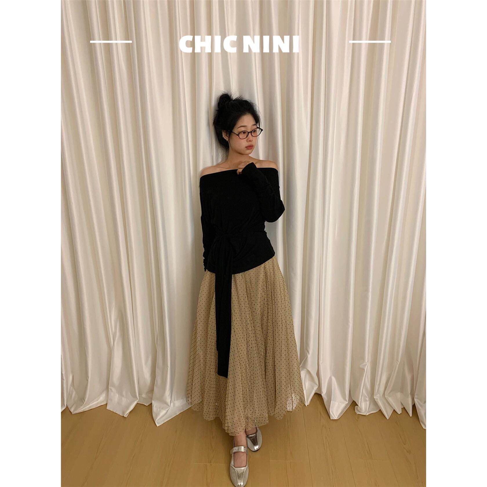 chic nini法式欧根纱波点半身裙女纱裙春季一字肩上衣+网纱裙套装