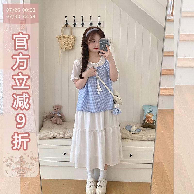 辣条大尺码女装 手工流苏贝壳镂空刺绣胖mm遮肚假两件衬衫套装202