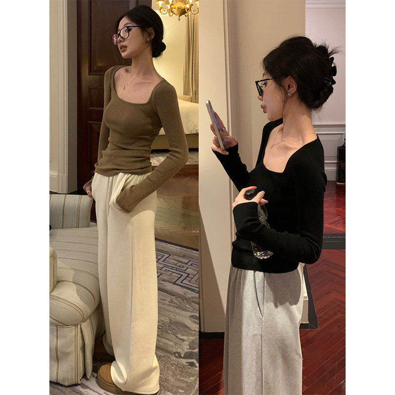 韩系大领口针织内搭打底衫女秋冬高级感修身显瘦方领锁骨长袖上衣,个性定制/设计服务/DIY,棉服工装,淘宝优惠券,粉丝福利购,淘宝优惠卷